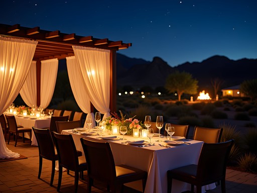 Elegant outdoor dining setting at luxury Glendale resort with mountain views and torch lighting