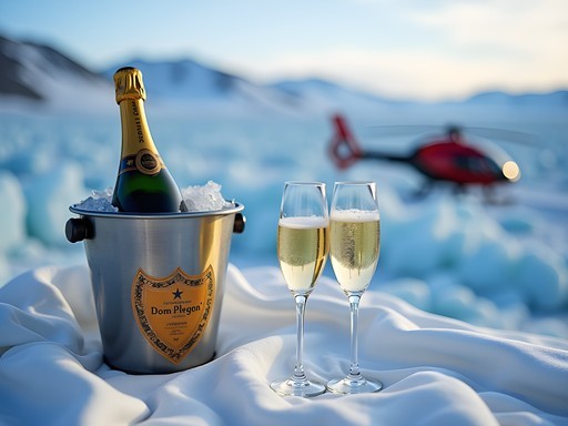 Luxury champagne service during helicopter glacier landing on Langjökull, Iceland