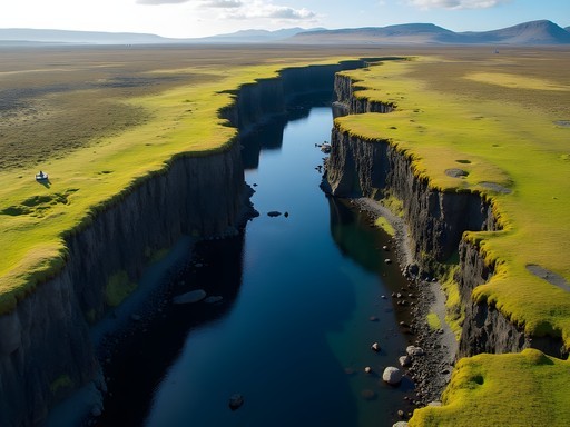 Aerial view of tectonic plate boundary at Thingvellir National Park in Iceland