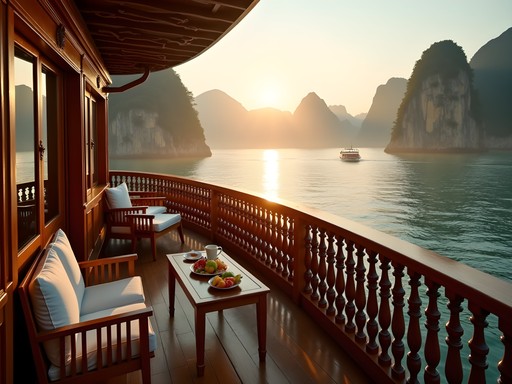 Luxury suite balcony overlooking limestone karsts in Halong Bay at sunrise