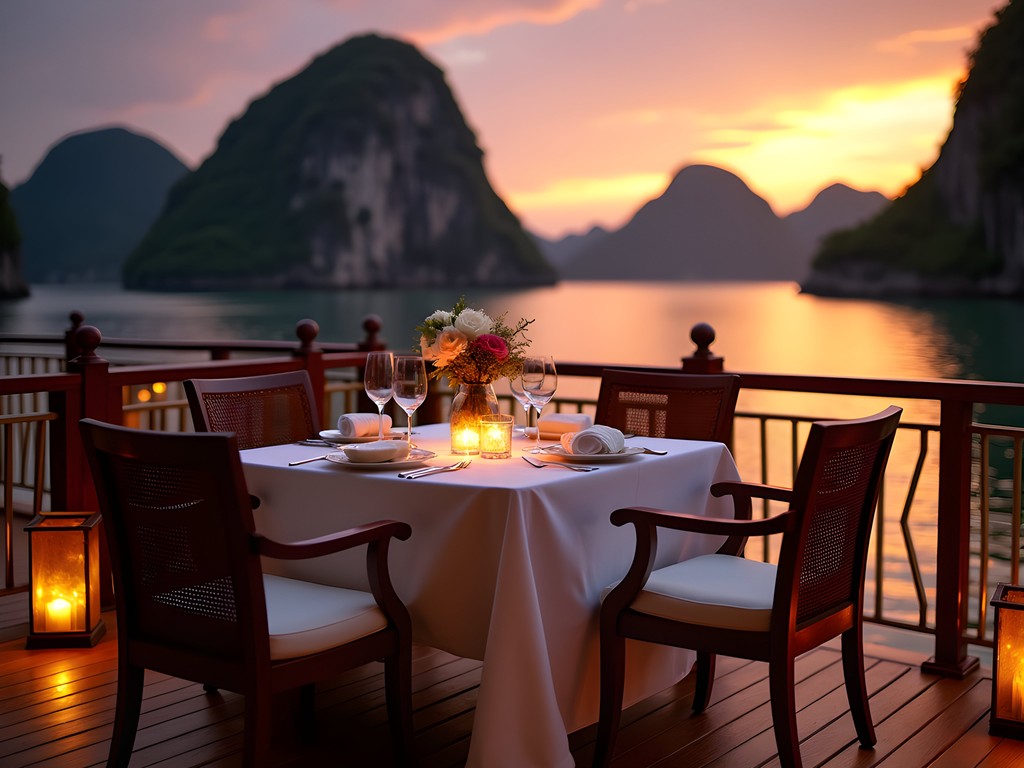Romantic private dinner setup on luxury junk boat deck with Halong Bay sunset view