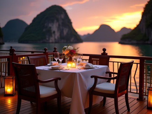 Romantic private dinner setup on luxury junk boat deck with Halong Bay sunset view