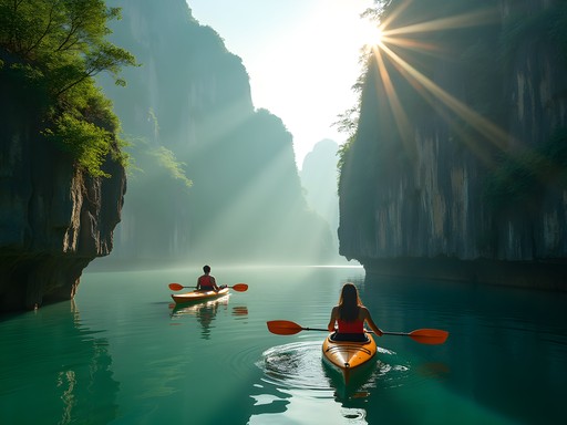 Couple kayaking through hidden lagoon surrounded by towering limestone karsts in Halong Bay