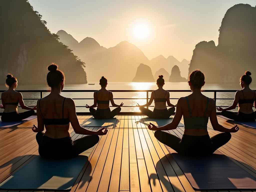 Morning yoga session on luxury junk boat deck with misty Halong Bay backdrop
