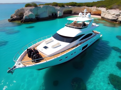 Luxury dive yacht anchored near shipwreck site in crystal clear Bermuda waters