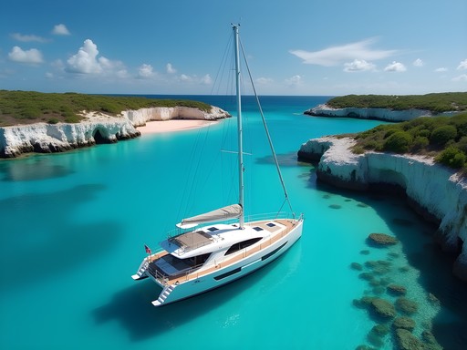 Luxury yacht anchored in secluded turquoise cove with pink sand beach in Bermuda