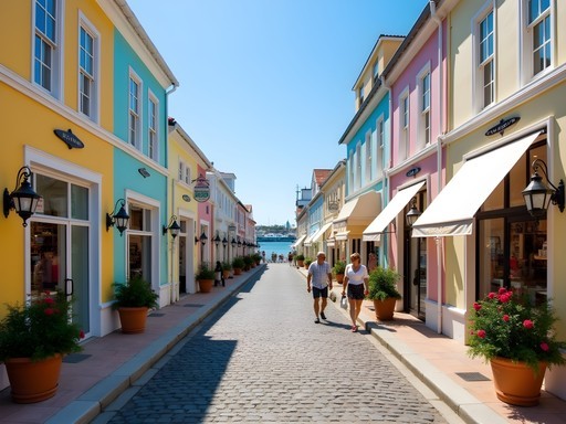 Elegant Front Street shopping district in Hamilton, Bermuda