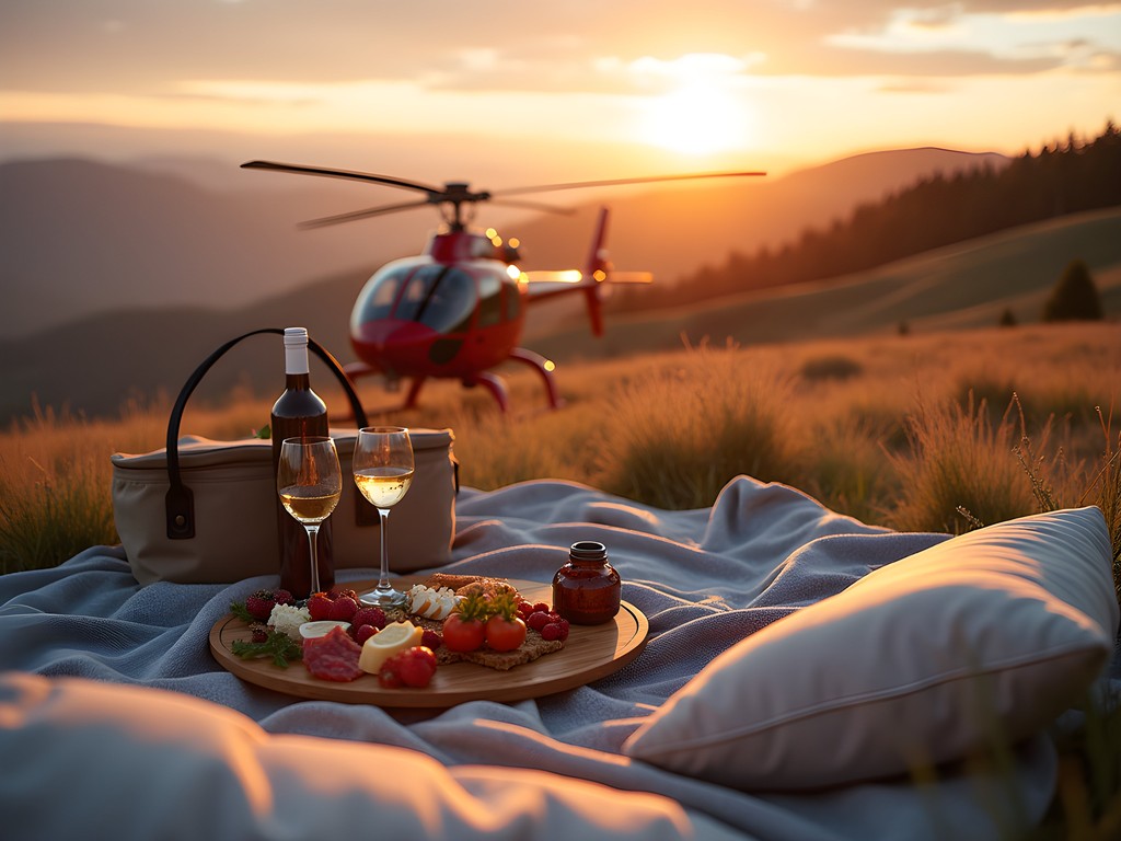 Luxury helicopter picnic setup on Montana mountain ridge at sunset