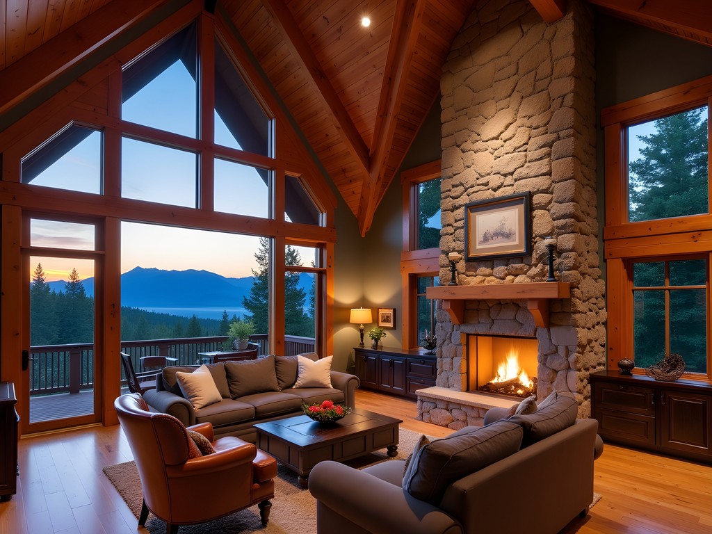 Luxury timber lodge at The Montana Retreat with mountain views at sunset