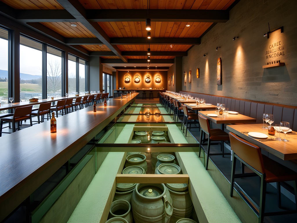 Luxury restaurant with glass floor revealing extensive fermentation cellar below