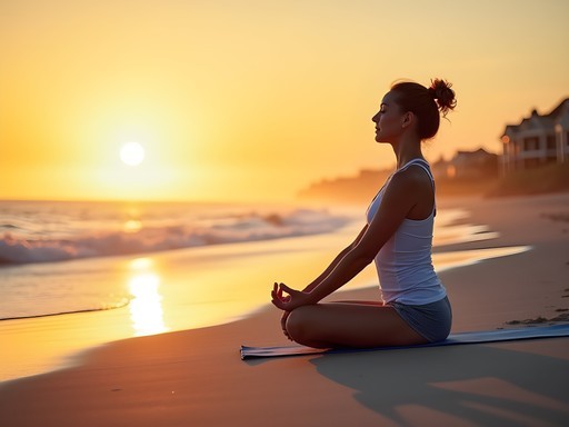 Woman practicing yoga on empty Hilton Head beach at sunrise with gentle waves