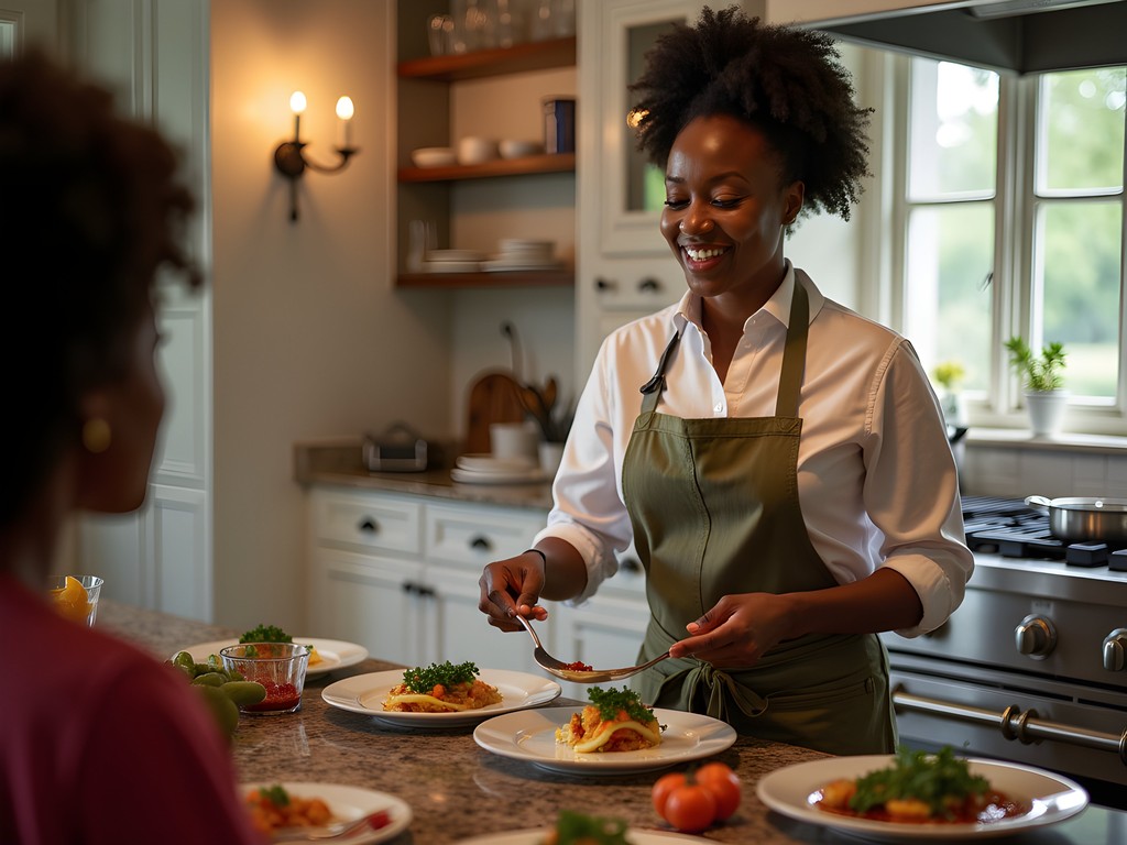 Private Gullah cooking demonstration in luxury kitchen setting with chef and small group