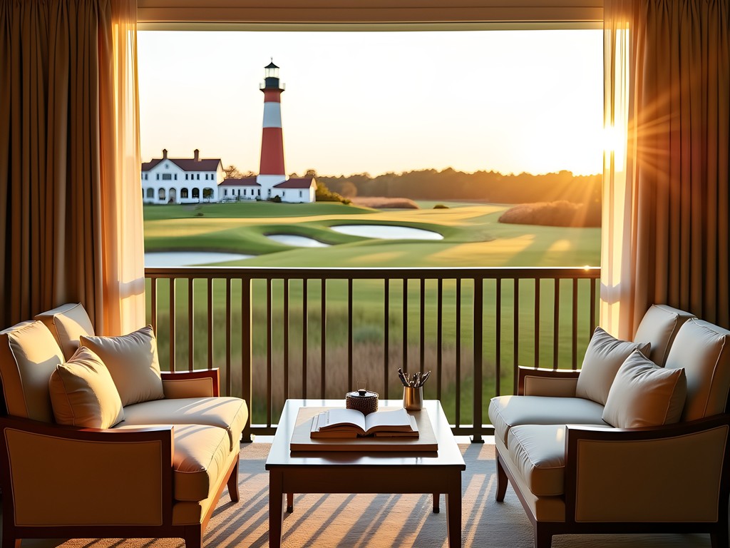 Luxury suite balcony view of Harbour Town Golf Links and lighthouse at sunset