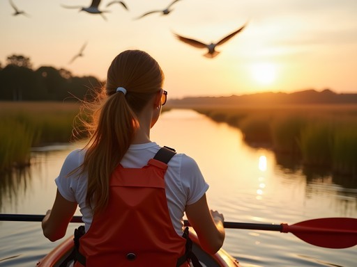 Woman kayaking through Hilton Head salt marsh during golden sunrise with birds flying overhead