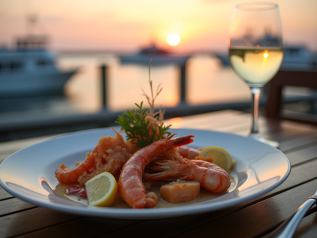 Elegant seafood dinner setting on waterfront deck at sunset with shrimp boats in background
