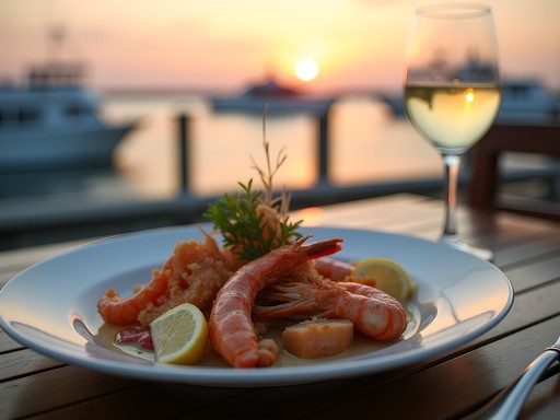Elegant seafood dinner setting on waterfront deck at sunset with shrimp boats in background