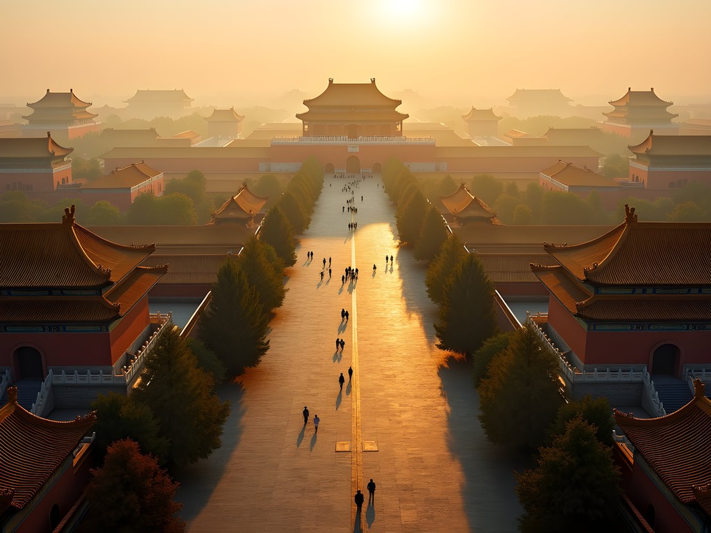 Empty courtyard in Forbidden City during exclusive early morning access with golden autumn light