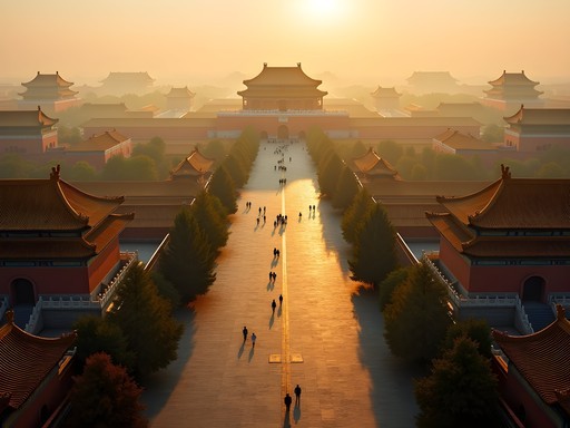 Empty courtyard in Forbidden City during exclusive early morning access with golden autumn light