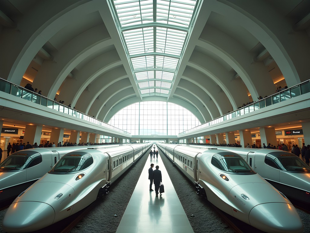 Dramatic interior architecture of West Kowloon Station with high-speed trains