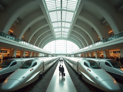 Dramatic interior architecture of West Kowloon Station with high-speed trains