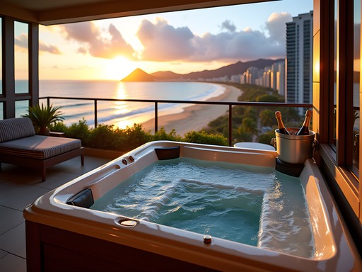 Private balcony jacuzzi in an Espacio suite with panoramic ocean views at sunset