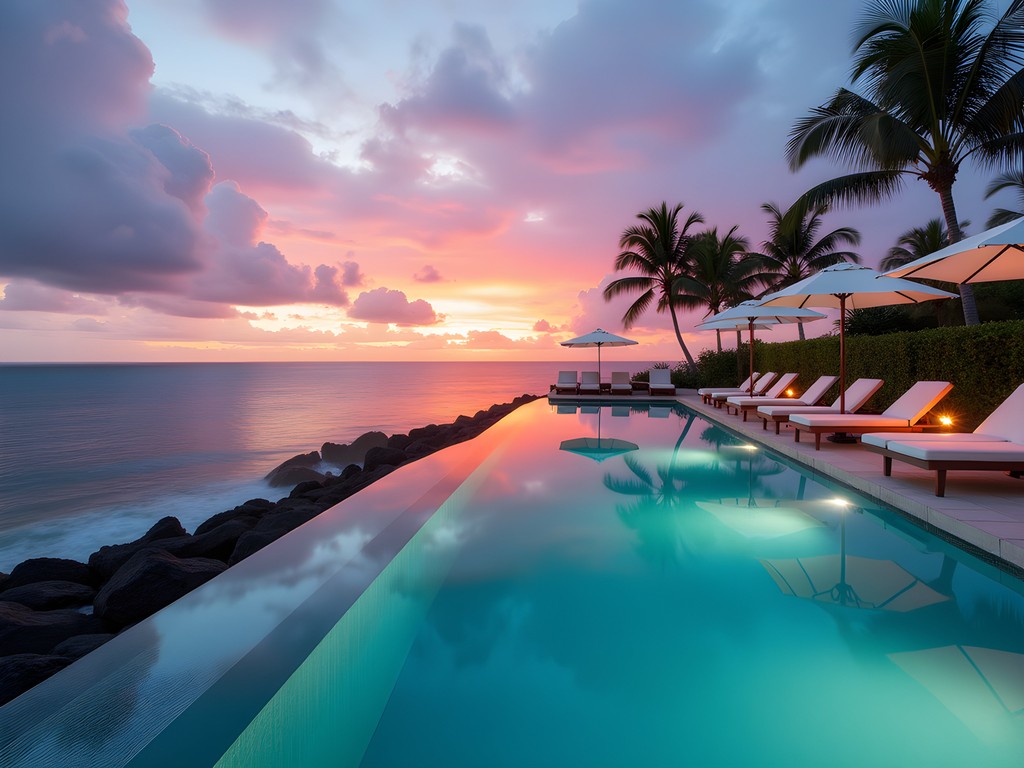 Stunning adults-only infinity pool at Four Seasons Oahu with sunset views over the Pacific Ocean
