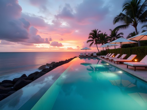 Stunning adults-only infinity pool at Four Seasons Oahu with sunset views over the Pacific Ocean