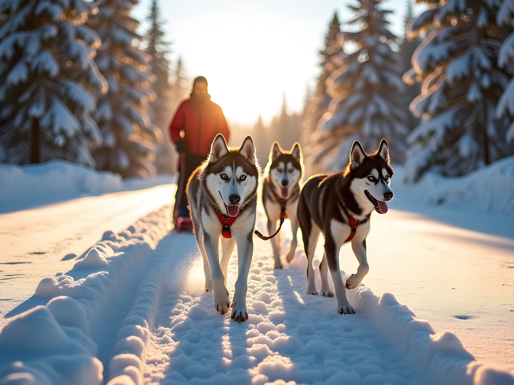 Couple enjoying husky sledding through snowy forest in Swedish Lapland