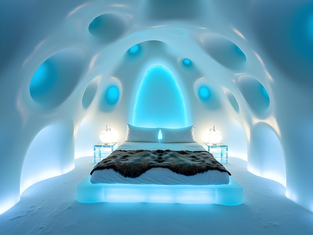 Dreamscape art suite at ICEHOTEL with carved ice waves and blue lighting