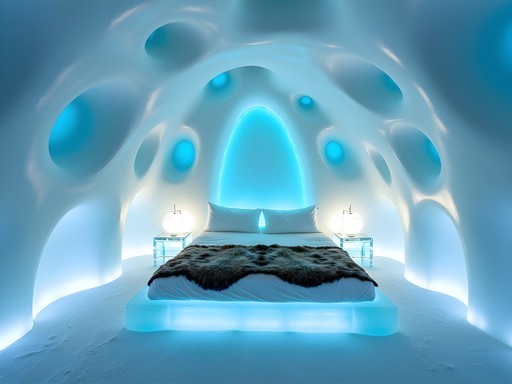 Dreamscape art suite at ICEHOTEL with carved ice waves and blue lighting