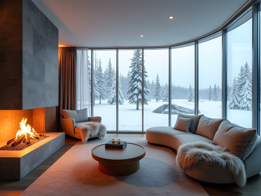 Warm lounge area at ICEHOTEL with fireplace and Scandinavian design