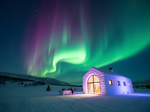 Northern Lights dancing above ICEHOTEL in Swedish Lapland
