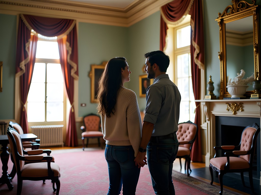 Couple enjoying private tour of historic Victorian mansion in Independence