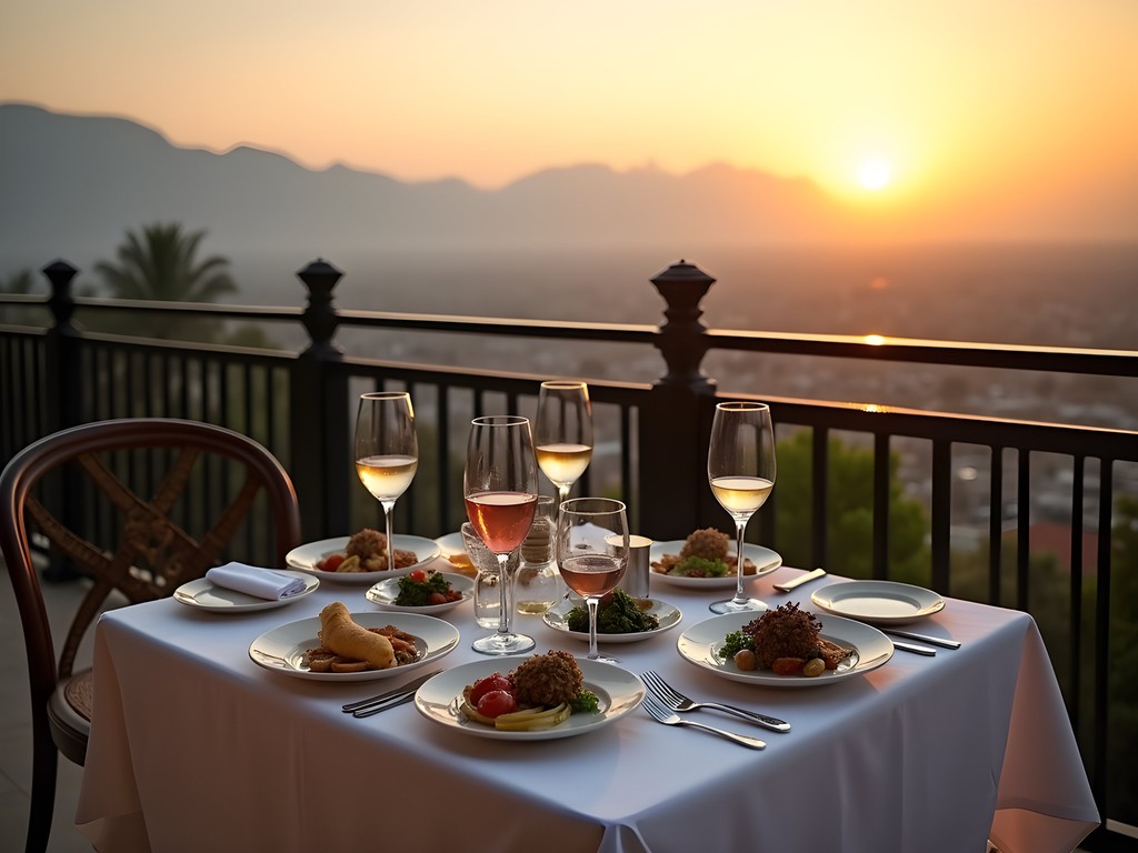 Luxury private dining balcony at Monal Restaurant overlooking Islamabad at sunset