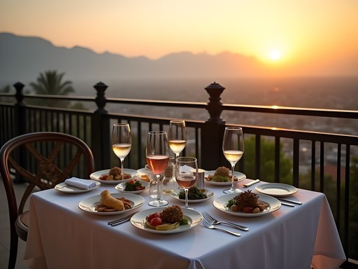 Luxury private dining balcony at Monal Restaurant overlooking Islamabad at sunset