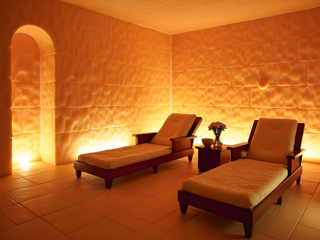 Serene salt room at Korean spa with glowing Himalayan salt walls