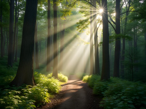 Sunlight filtering through trees on peaceful nature trail in Johns Creek