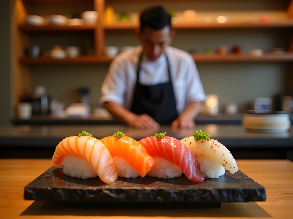 Elegant omakase sushi presentation with chef preparing food behind counter