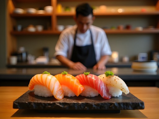 Elegant omakase sushi presentation with chef preparing food behind counter