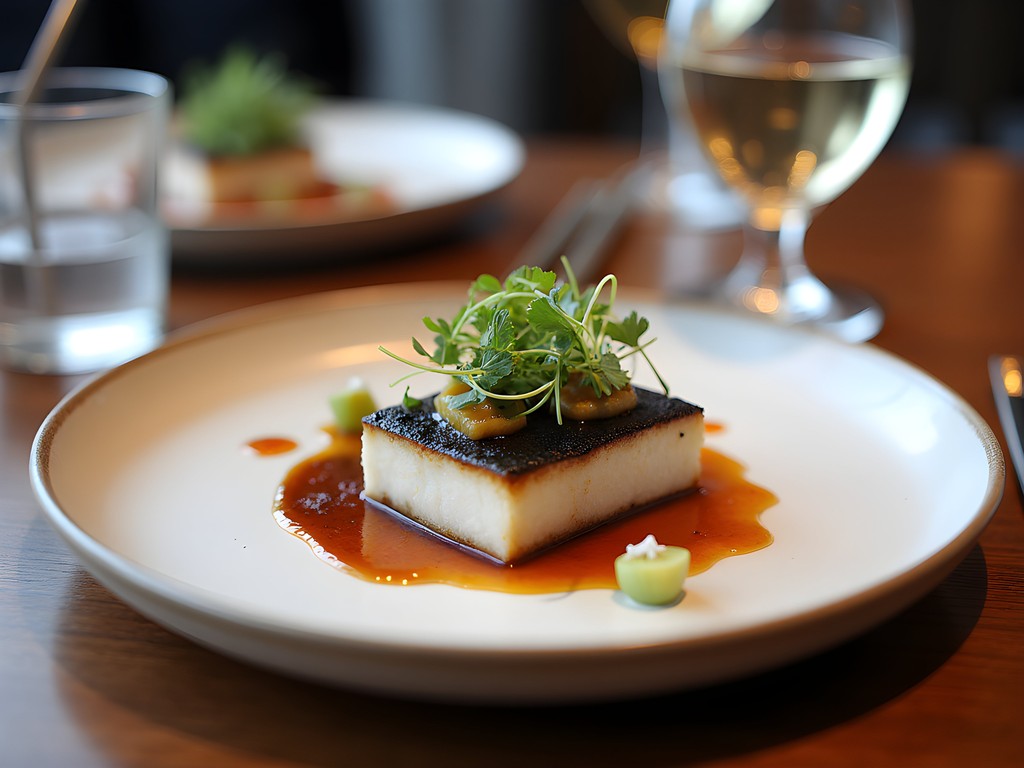 Elegant plated dish at upscale restaurant in Johns Creek with sophisticated wine pairing