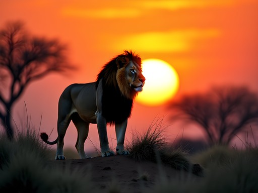 Majestic black-maned Kalahari lion silhouetted against dramatic sunset