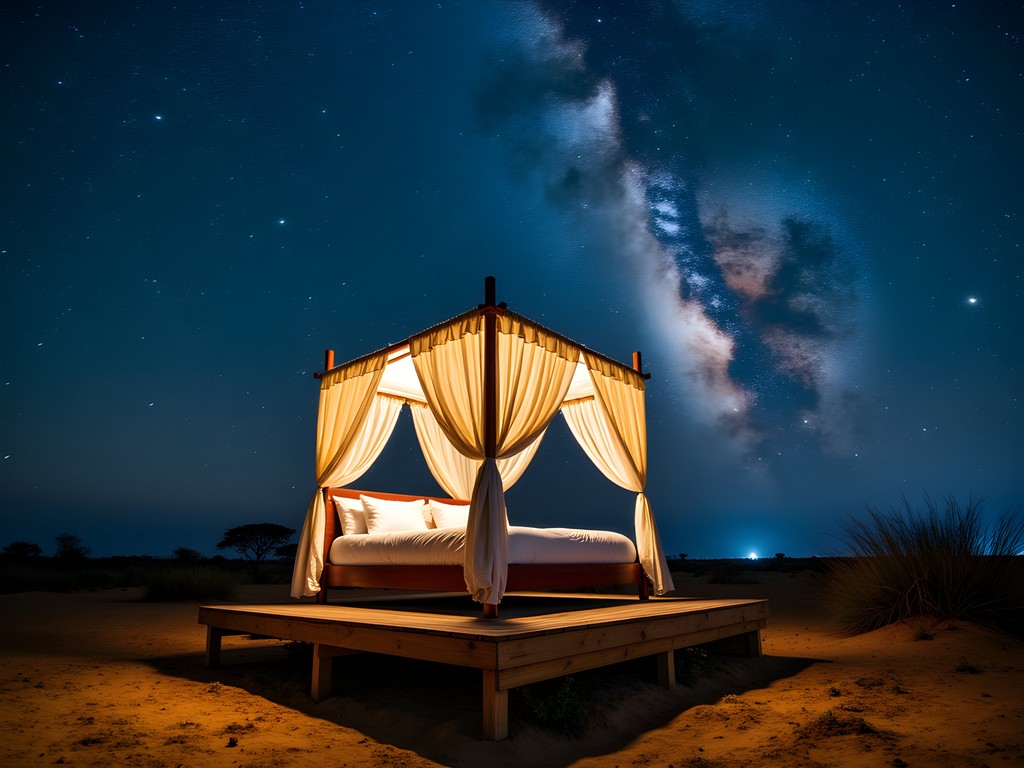 Luxury star bed platform in Kalahari Desert under spectacular Milky Way