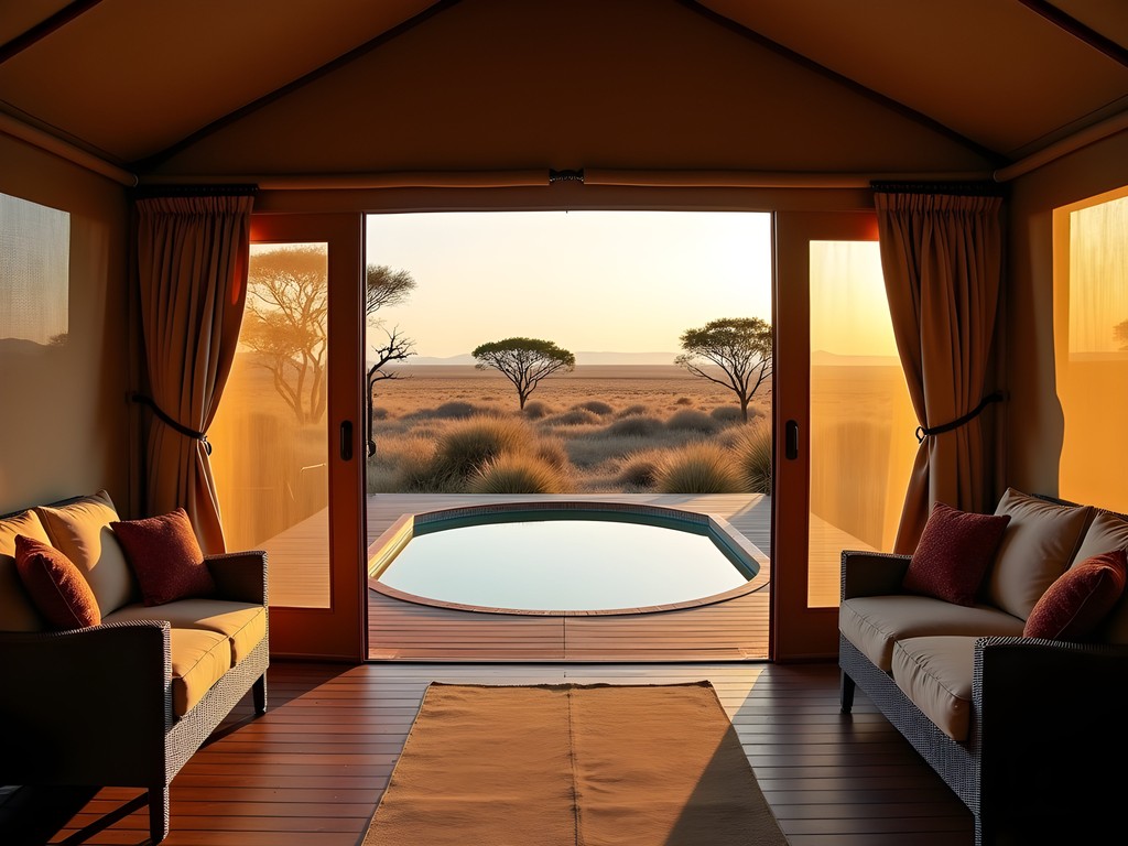 Luxury safari tent with private deck overlooking Kalahari plains at sunrise