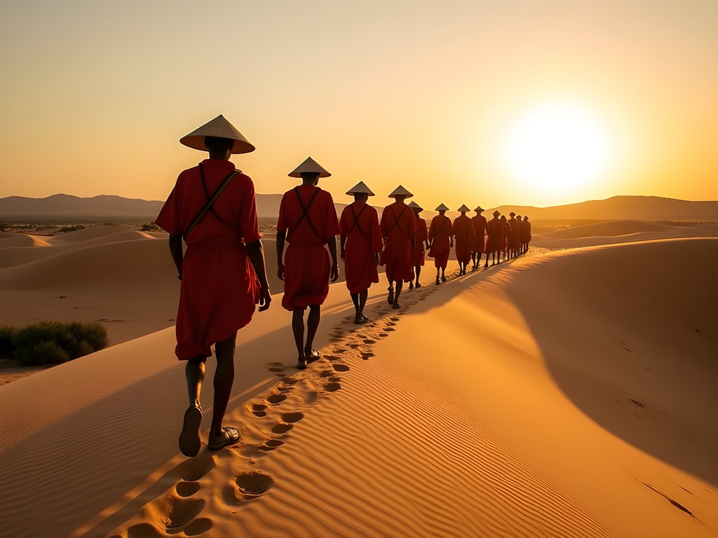 San Bushmen guides leading travelers across Kalahari dunes at golden hour