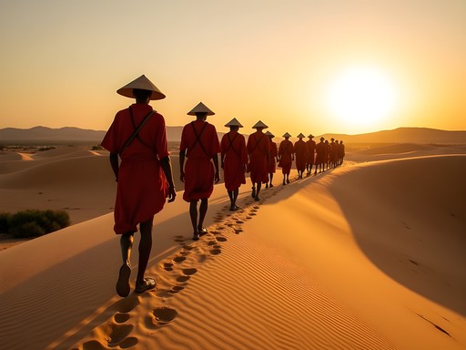 San Bushmen guides leading travelers across Kalahari dunes at golden hour
