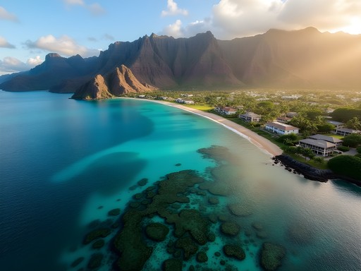 Aerial view of Kaneohe Bay at sunrise with turquoise waters and coral reefs visible