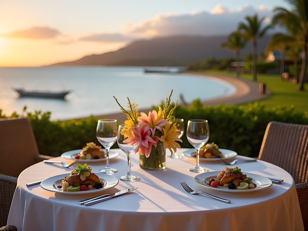 Elegant outdoor dining setup on lanai overlooking Kaneohe Bay at sunset
