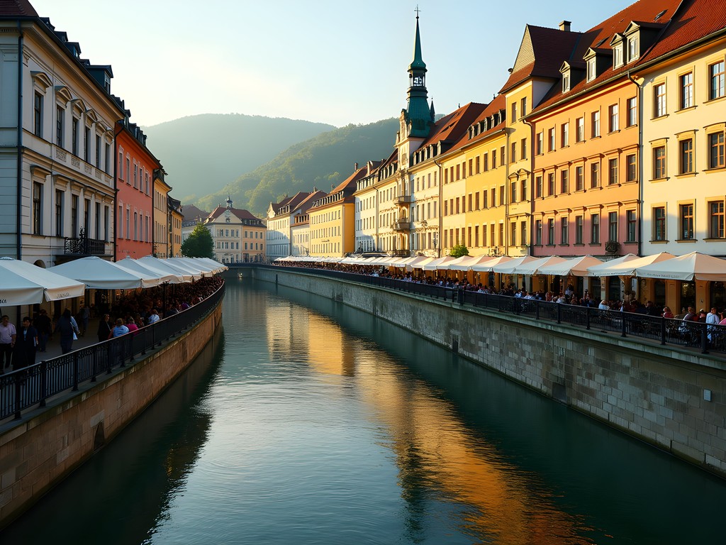 Colorful historic spa buildings along Tepla River in Karlovy Vary