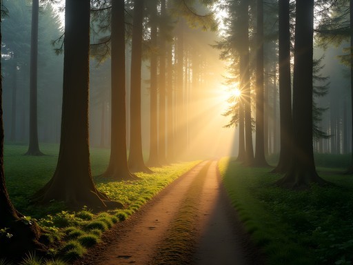 Misty morning sunrise on a forest therapeutic walking path near Karlovy Vary
