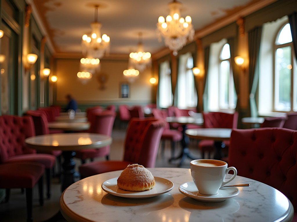 Historic Art Nouveau café interior in Karlovy Vary with coffee and traditional pastries